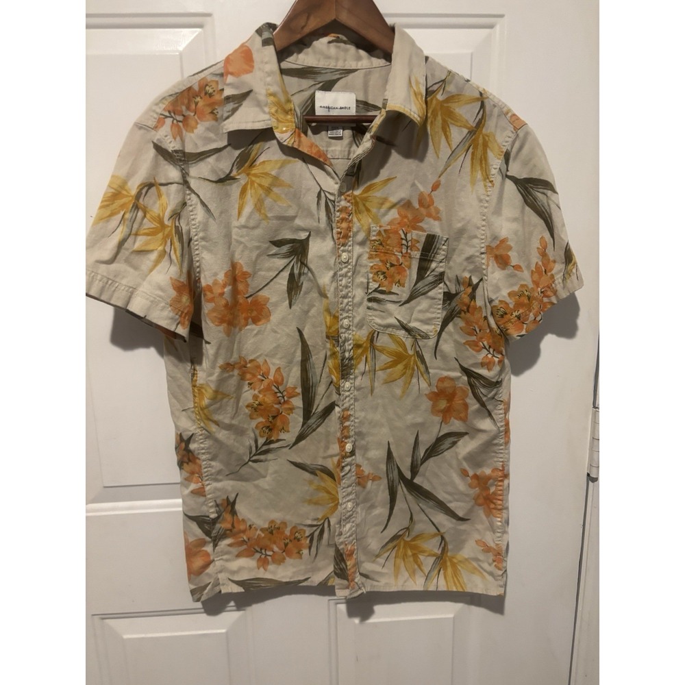 American Eagle Shirt Hawaiian‎ Men's Tropical Button Up Med Yellow Orange